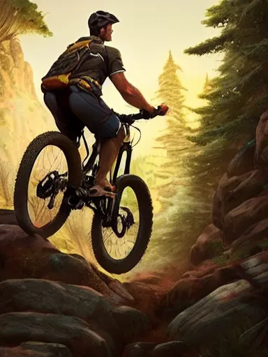 Image similar to handsome man riding a mountain bike in the wild. intricate, elegant, highly detailed, digital painting, artstation, cinematic shot, concept art, sharp focus, illustration, by justin gerard and artgerm, 8 k