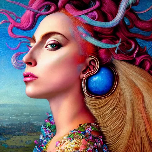 Prompt: photo realistic, hyper realism, lady gaga artpop act ii album, intricate detail, hyper detail, gaston bussiere, sandro botticelli style, with neon aqua rapunzel dreadlocks, detailed, masterpiece, sharp focus,