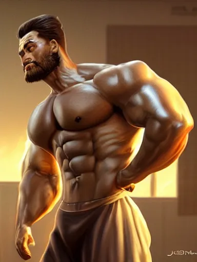 Image similar to a handsome man flexing in the gym. intricate, elegant, highly detailed, digital painting, artstation, cinematic shot, concept art, sharp focus, illustration, by justin gerard and artgerm, 8 k