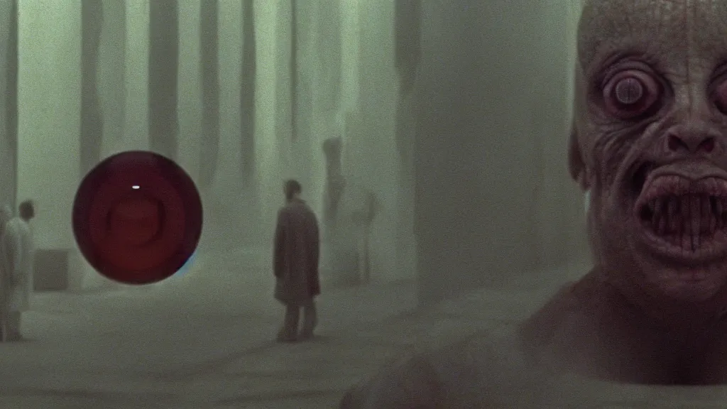 Image similar to the strange creature from my eye, we ait in line at the bank, film still from the movie directed by denis villeneuve and david cronenberg with art direction by salvador dali and zdzisław beksinski, wide lens