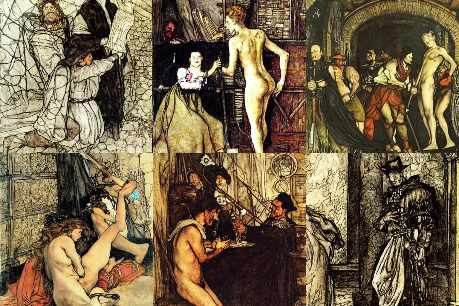 Prompt: law and lawlessness. painting by diego velazquez, arthur rackham and milo manara