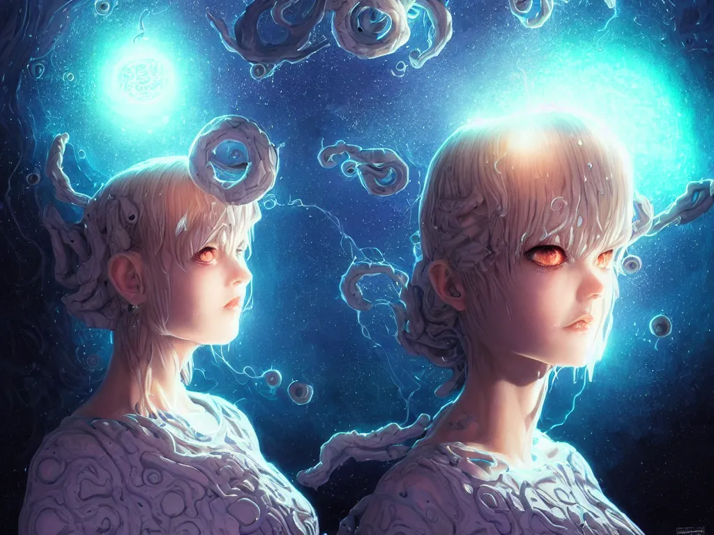 Prompt: azathoth girl wearing a dress made of milky way, conquest the earth, occlusion shadow, specular reflection, rim light, unreal engine, artgerm, artstation, art by hiroaki samura and ilya kuvshinov and ossdraws, intricate, highly detailed 8 k, fantasy illustration, extremely beautiful and aesthetic shape of face and body