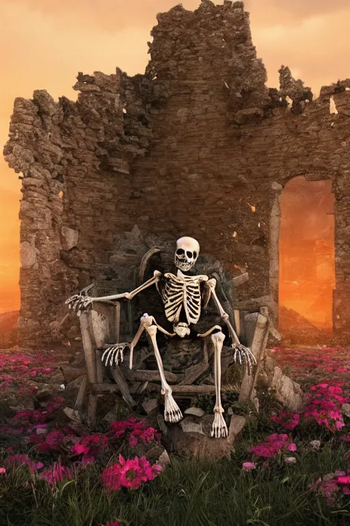 Image similar to a human skeleton full of flowers sitting in a destroyed and ruined throne in a ruined castle at sunrise, concept art, octane render, unreal engine 5, trending on Artstation, high quality, 8K, soft lighting, trending on DeviantArt, highly detailed, digital art, hyperrealistic, path traced, godrays, complementary colors, natural lighting, anatomically correct, five fingers