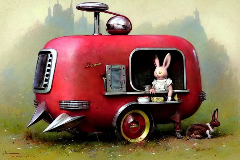 Image similar to adventurer ( ( ( ( ( 1 9 5 0 s retro future robot android rabbit wagon. muted colors. ) ) ) ) ) by jean baptiste monge!!!!!!!!!!!!!!!!!!!!!!!!! chrome red