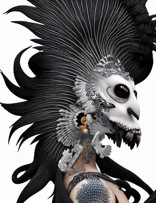 Image similar to 3 d goddess close - up profile simple portrait punk with mohawk with ram skull. beautiful intricately detailed japanese crow kitsune mask and clasical japanese kimono. betta fish, jellyfish phoenix, bio luminescent, plasma, ice, water, wind, creature, artwork by tooth wu and wlop and beeple and greg rutkowski