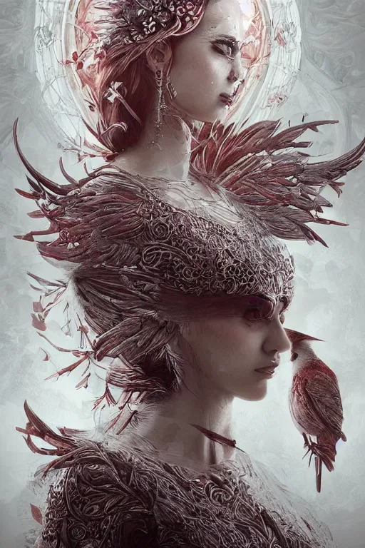 Prompt: Ethereal Cardinal WOMAN bird, intricate detail, ornate, conceptual art, soft light, dynamic, art by artgerm , fine art high quality printing, fine art with subtle redshift rendering