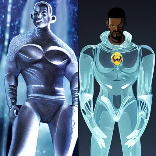 Image similar to will smith as iceman, clear ice, human sculpture, freezing gold, mr freeze, style if batman animated series