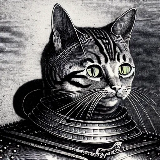 Prompt: engraving portrait of humanoid cat in medieval armoury by gustave dore. trending on deviant art, street art, chillwave, maximalist, full of color, glittering, 8 k, hd