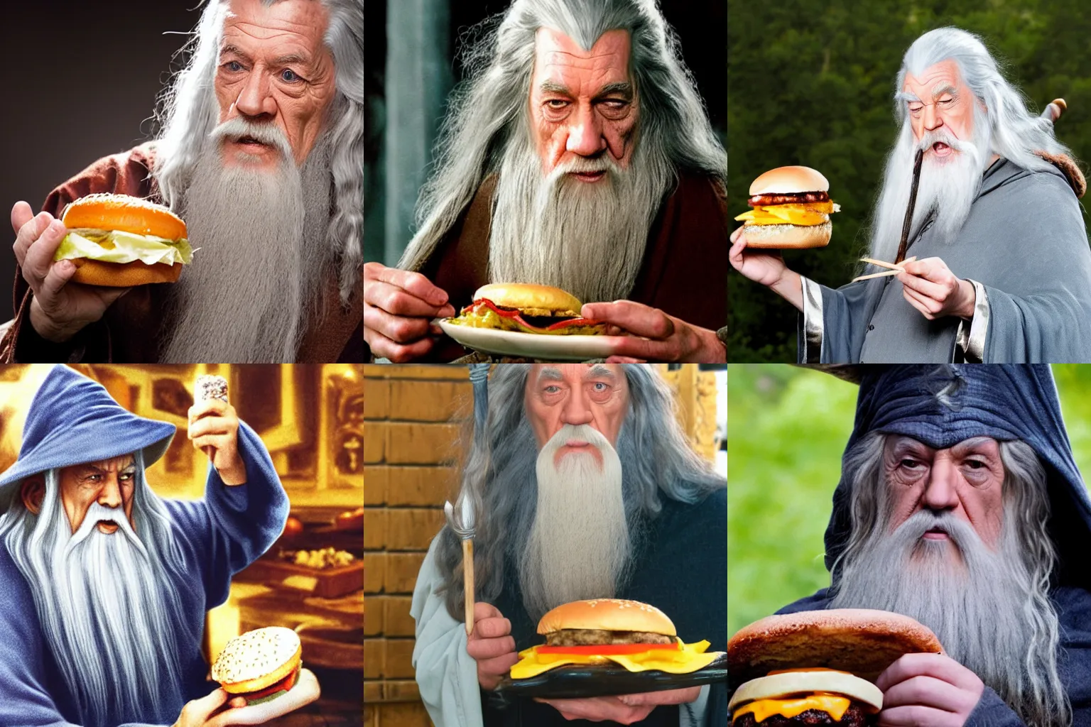 Prompt: gandalf eating a cheeseburger