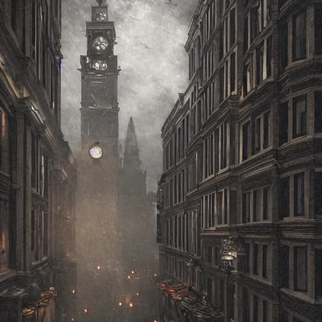 Image similar to action scene painting of a 1 9 2 0 s gothic style hotel in downtown boston, overlooking a dark street, architectural, atmospheric lighting, brooding, painted, intricate, ultra detailed, well composed, best on artstation, cgsociety, epic, horror, stunning, gorgeous, intricate detail, much wow, masterpiece, cinematic aesthetic octane render, 8 k hd resolution,