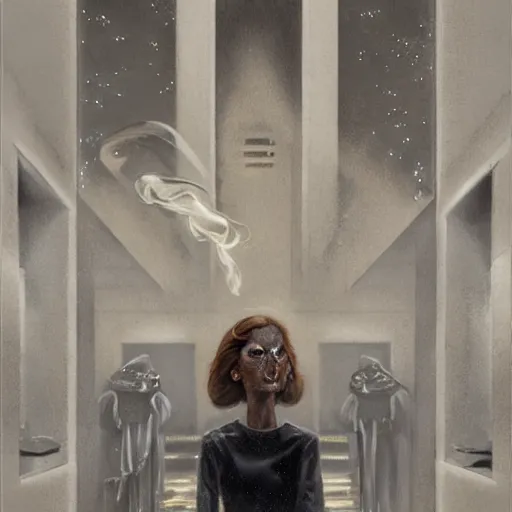 Image similar to detailed face of a clothed woman with obsidian eyes in a architectonic courtyard with whisps of smoke at a science expo, atmospheric, ambient, pj crook, syd mead, livia prima, artgerm, greg rutkowski, nick alm, casey baugh