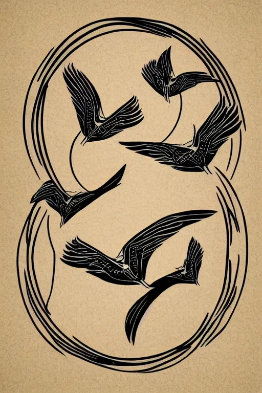 Image similar to a beautiful tattoo design of minimalist swallows flying across geometric spirals, black ink, abstract logo, line art, vector graphics