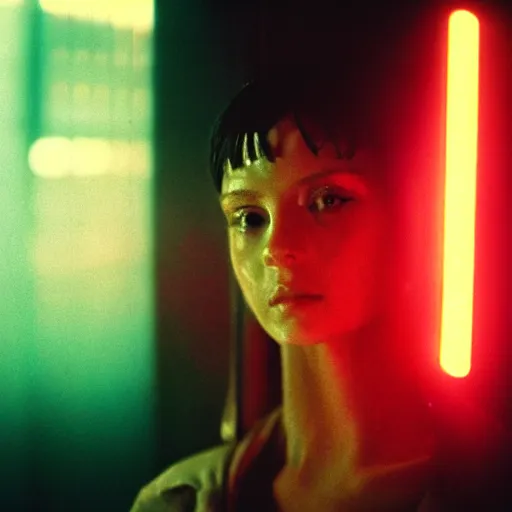 Prompt: film still, 6 5 mm, a masterpiece portrait photo of a girl, biotech, cyberpunk, blade runner, cyborg, grainy, withered, worn, glowing lights