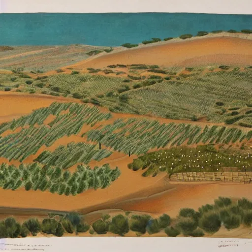 Image similar to a small town with olive trees in the desert by Reuven Rubin, detailed, brown and green color palette