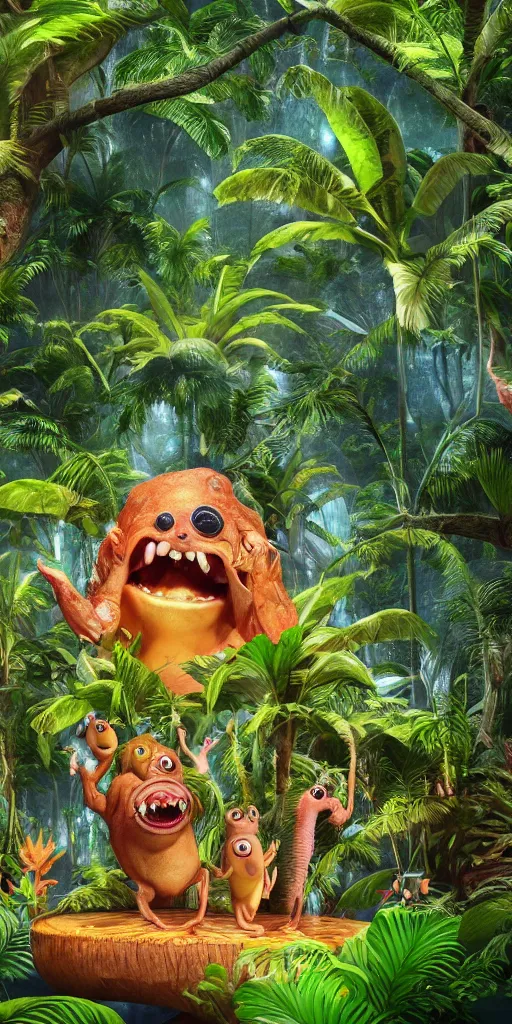Prompt: of a tropical rainforest lake with strange cute friendly happy creatures with huge eyes, mouth, long tongue, round teeth and goofy face, appearing from the treesl, in the style of gehry and gaudi, macro lens, shallow depth of field, ultra detailed, digital painting, trending artstation, concept art, illustration, cinematic lighting, photorealism, epic, octane render