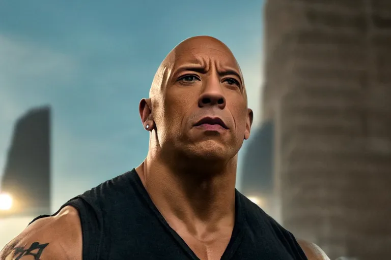 Image similar to vin diesel as dwayne johnson, low isometric perspective, cinematic still, movie still, long lens, shallow depth of field, bokeh, anamorphic lens flare, 8 k