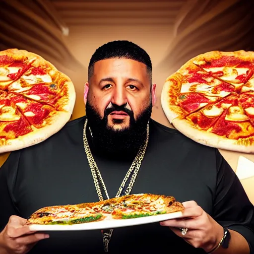 Image similar to a highly detailed realistic photographic render dj khaled with Cosmo Kramer hairstyle with holding slices of pizza, religious sculpture, cinematic lighting, cinematic scene, Volumetric lighting, Atmospheric scene, Dark, Horror, Atmospheric lighting, Global illumination, realistic, photo realism, hyper realistic, hyper realism, photo realisitc, cinematic render, film, beautifully lit, ray traced, octane 3D render, octane render, unreal engine