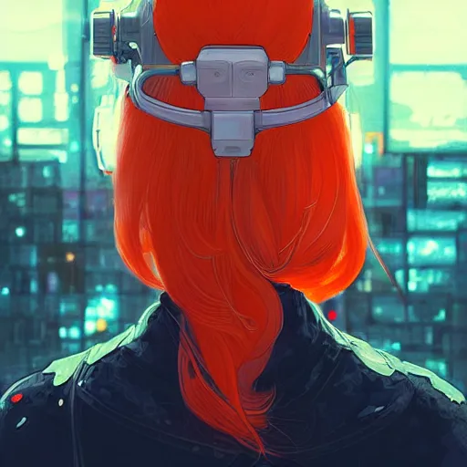 Prompt: a woman with orange hair and a white helmet, cyberpunk art by james jean, featured on cgsociety, retrofuturism, futuristic, dystopian art, ilya kuvshinov