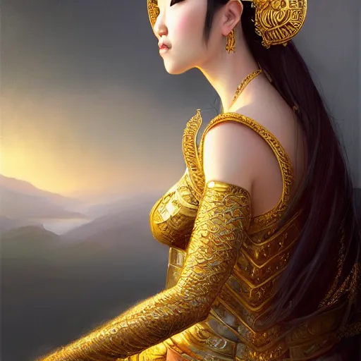 Prompt: beautiful realistic portrait of a gorgeous mongolian princess in a sensual pose covered with golden ornate armor, centered face, with full makeup, atmospheric lighting, intricate, volumetric lighting, beautiful, sharp focus, ultra detailed, in the art style of bowater, charlie, brom, gerald, lake baikal in the background, astrophotography