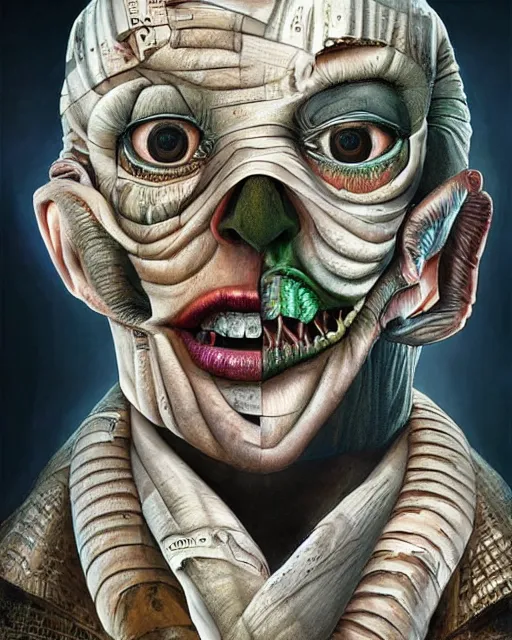 Image similar to halloween mummy themed surrealist art in the styles of igor morski, jim warren, and a tim burton film, intricate, hyperrealistic, accurate facial details, volumetric lighting