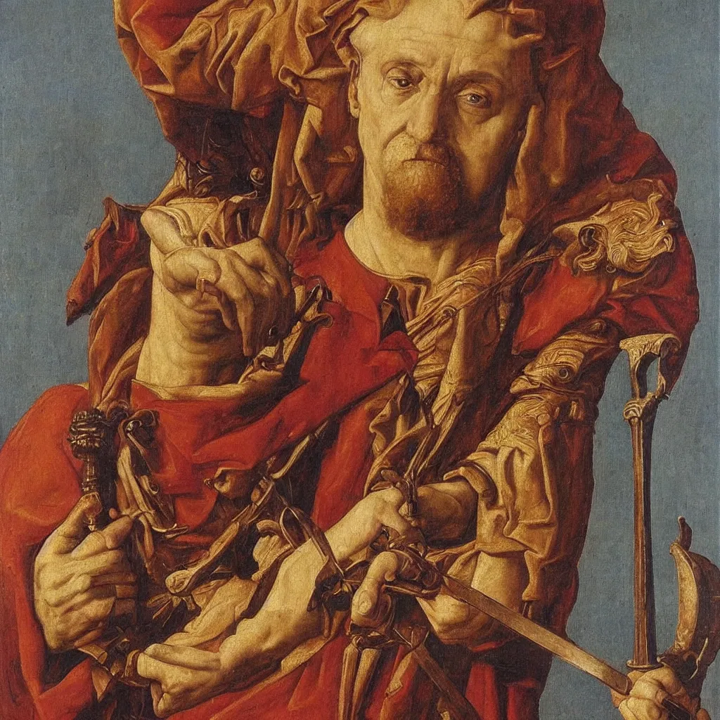 Prompt: a very detailed portrait of Saint Paul holding a sword, very detailed face, oil painting by Van Eyck