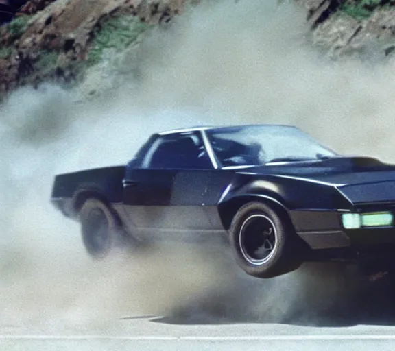 Image similar to a close - up, color cinema film still of knight rider kitt leaping over a jump, action cinematic.