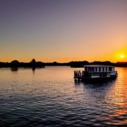 Image similar to a photo of a house boat on the water, sunset