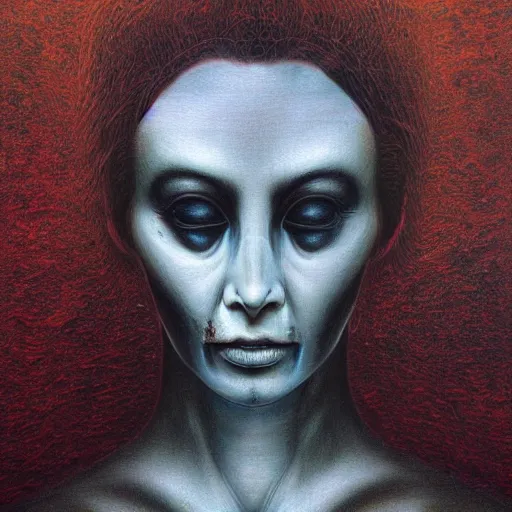 Image similar to dramatic portrait painting of woman with black mandelbrot fractal instead of face, in style of zdzisław beksinski, horror, body horror, dark, disturbing,