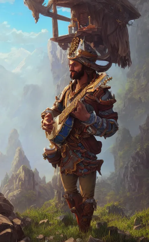 Prompt: male bard, playing the banjo, ruins landscape, d & d, fantasy, intricate, highly detailed, digital painting, artstation, octane render, concept art, matte, sharp focus, illustration, hearthstone, art by artgerm and greg rutkowski and alphonse mucha