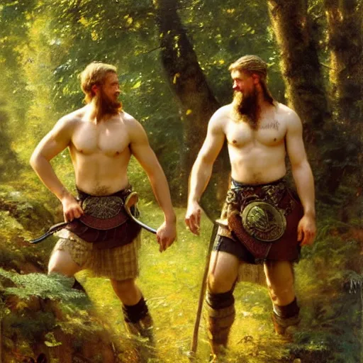 Image similar to 2 attractive male vikings frolicking in the forest. highly detailed painting by gaston bussiere, craig mullins, j. c. leyendecker, 8 k