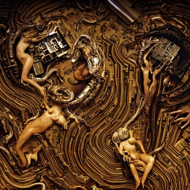 Prompt: surreal beautiful baroque painting detail labyrinth motherboard chip circuit beehive holes eyes embryos xenomorph sorayama chrome spine meat wide lens wide shot cinematic dark creepy atmosphere, 8 k beautiful surreal