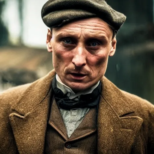 Prompt: tomas shelby, peaky blinders in russian!! village, detailed, photo-realistic, cinematic, bokeh