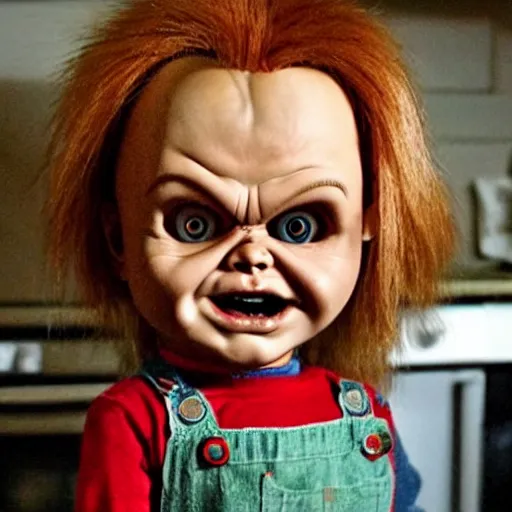 Image similar to chucky the killer doll standing on the kitchen table