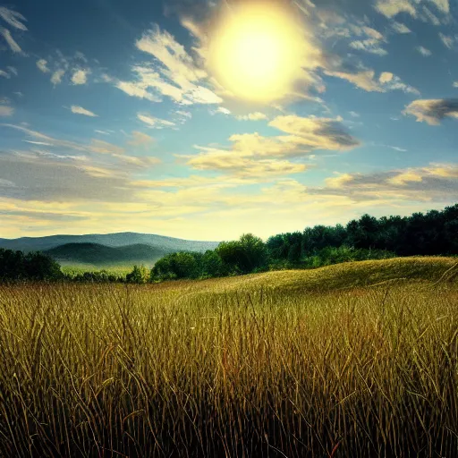 Prompt: calming breeze in the tall grass in an open countryside appalachian mountains field crisp cool day warm sunshine, autumn crisp cool day nostalgia hyperrealism photo - realistic by james gurney artstation hyperrealism