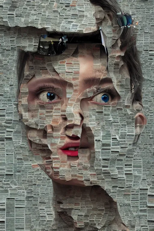 Prompt: 3 d, close - up, laughing fashion model looking up, newspaper, tears, poster art, intricate oil painting, high detail, figurative art, multiple exposure, poster art, 3 d, by stanley kubrick and tooth wu and wlop and beeple