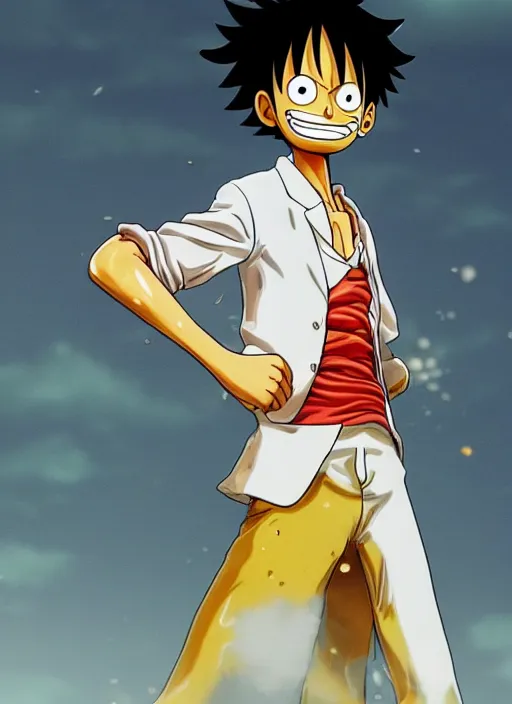 Prompt: a professional photo of luffy wearing a white suit, hyper realistic, golden hour effect