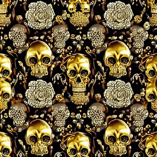 Image similar to many gold skulls with flowers and jewerly, ornate, elegant, intricate, royal, highly detailed, 4 k, hd, digital art