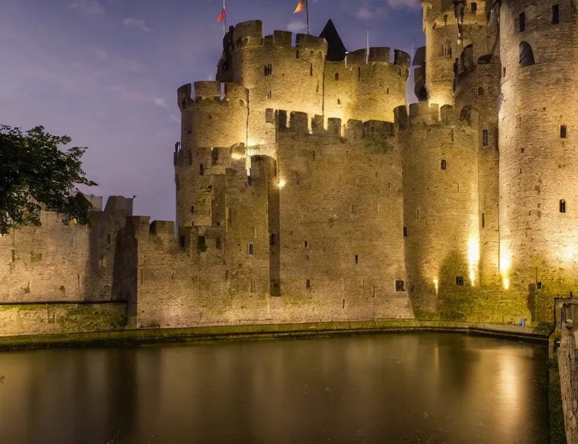 Image similar to close view of gravensteen castle in gent belgium at night, peaceful and serene, incredible perspective, soft lighting, anime scenery by makoto shinkai and studio ghibli, very detailed