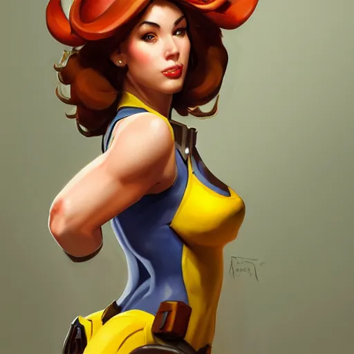 Image similar to greg manchess portrait painting of april o'neil as overwatch character, medium shot, asymmetrical, profile picture, organic painting, sunny day, matte painting, bold shapes, hard edges, street art, trending on artstation, by huang guangjian and gil elvgren and sachin teng