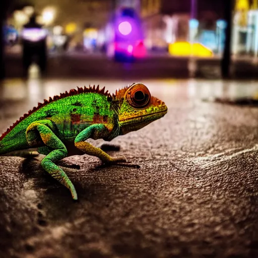 Image similar to a high quality low wide angle photo of a chameleon on the streets of a cyberpunk city, rainy, reflective ground, neon lights, realism, 8k