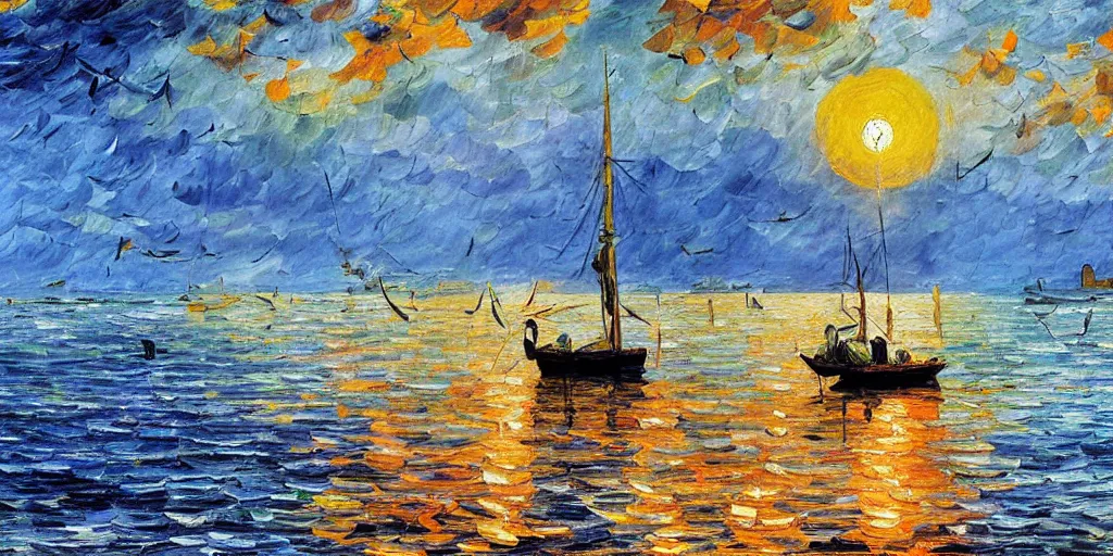 Prompt: rising sun ( ( ( fishing cormorant, fishing boat ) ) ) on the naples bay, by leonid afremov and van gogh and moebius, sharp details
