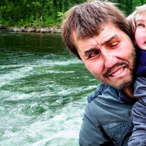 Prompt: russian man face. high detailed. 4 k ultra realistic photo hugging his son on river trip