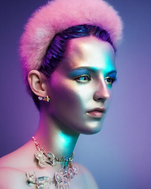 Prompt: natural light, soft focus portrait of a android with soft synthetic pink skin, blue bioluminescent plastics, smooth shiny metal, elaborate diamond ornate head piece, piercings, face tattoo, skin textures, by annie liebovotz, paul lehr,