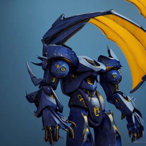 Image similar to dark blue anthro mecha dragon holding a yellow sword, photorealistic, 4k, artstation, 8k wallpaper, unreal engine 5, ue5