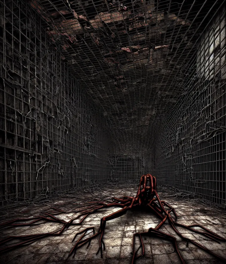 Prompt: Creepy huge suffering humanoid with long limbs sits on the floor. An underground very dark gloomy multi-layered structure of rusty thick iron grates, dense chain-link fencing and peeling walls. Inside view, collapsed floors, bent rusted iron, masterpiece, black background, corners, cinematic, hyperdetailed, photorealistic, hyperrealism, octane render, 8k, depth of field, bokeh, architecture, shadows, art by Zdzisław Beksiński, Dariusz Zawadzki