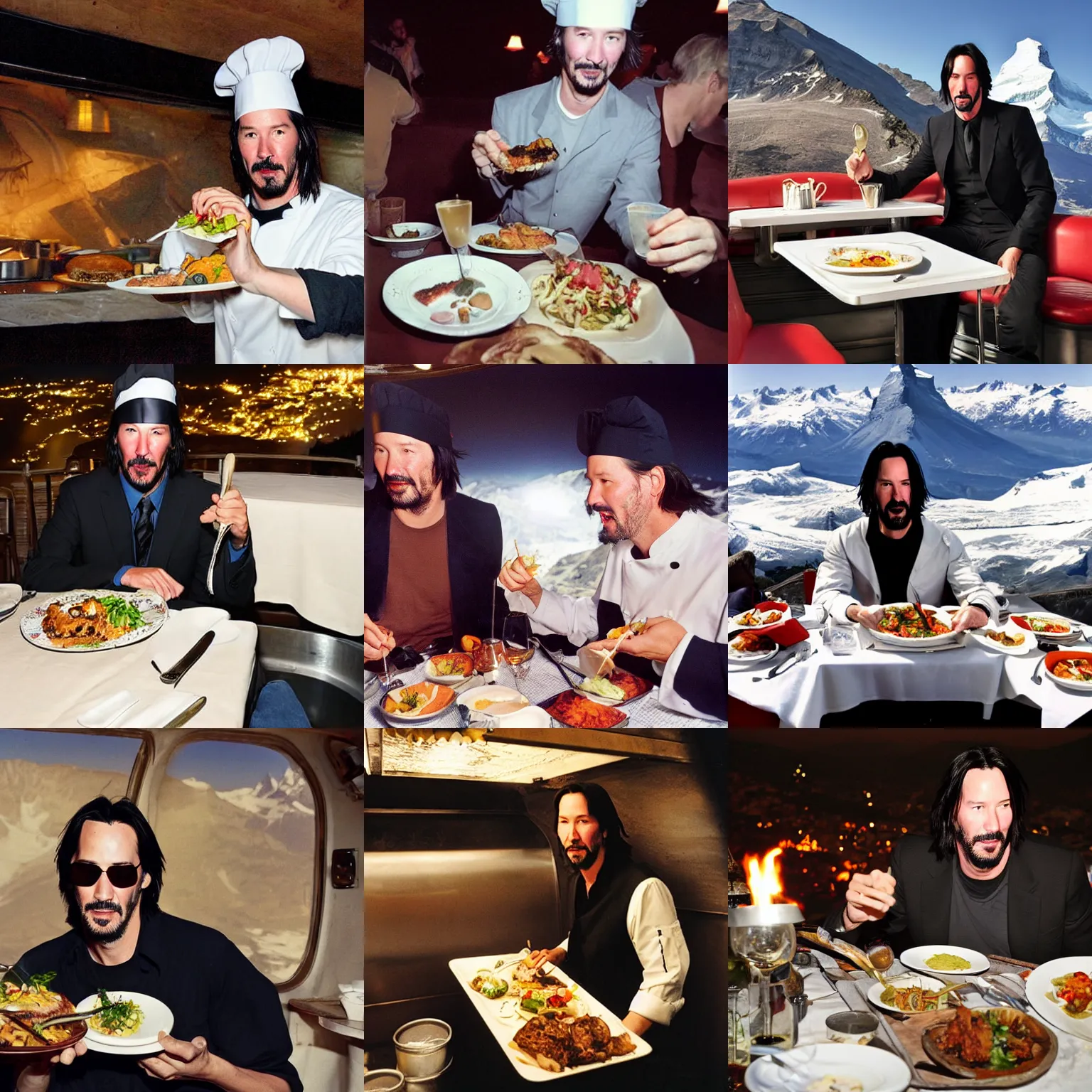 Prompt: Keanu Reeves wearing chefs hat eating dinner on top of The Matterhorn, photograph