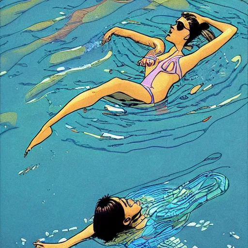 Image similar to swimming in thoughts, by moebius, award - winning art