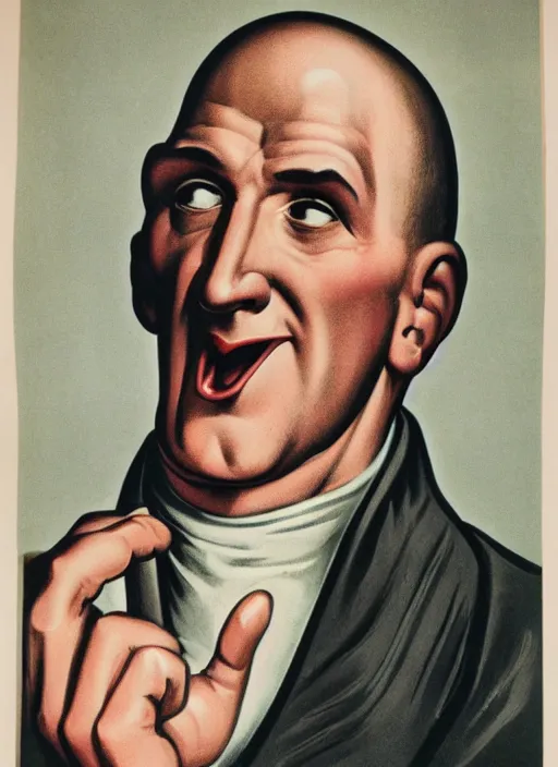 Image similar to portrait of glamorous bald medieval man with big nose and annoyed gesture, 1940s propaganda poster, full hd,highly detailed