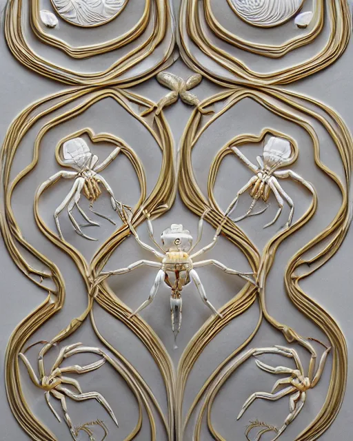 Prompt: symmetry, white marble, white marble bas relief sculpture, white pottery with gold kintsugi, feminine shapes, crabs, spiders, scorpions, tarantulas, stunning, highly detailed, intricately detailed, art nuevo, octane, 8 k, hdr, art by hr geiger and ridley scott and alphonse mucha, trending on artstation