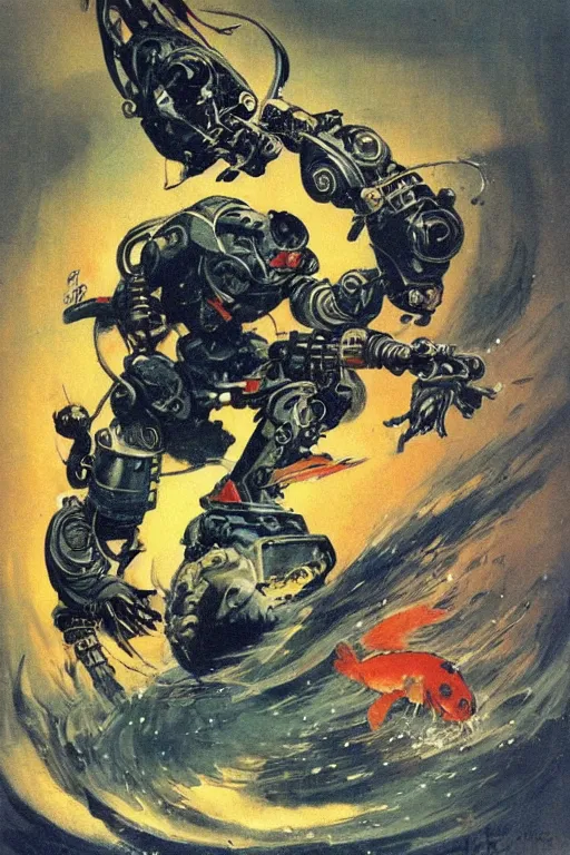 Image similar to a koi fish fighter robot by Frank Frazetta